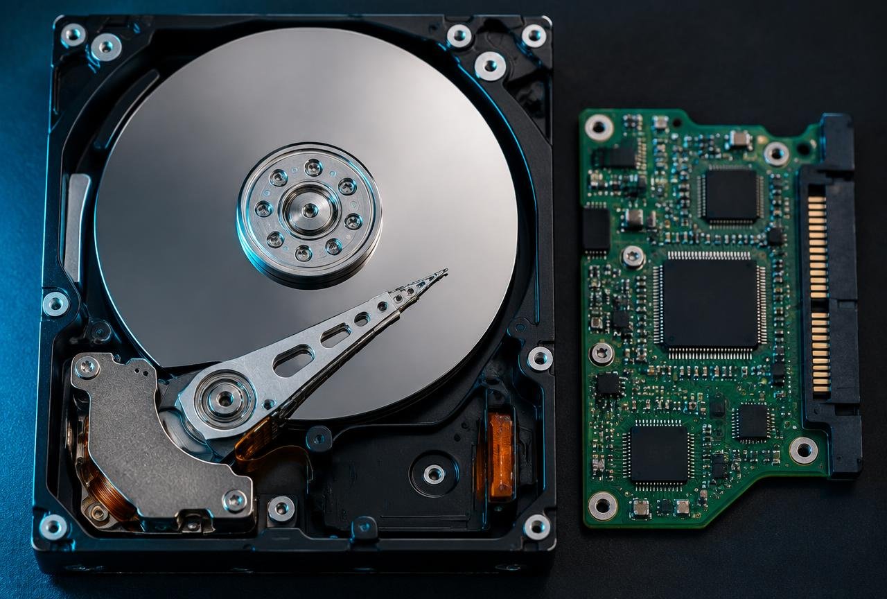 Opened hard disk drive showing platters, actuator arm, read/write head and its separate controller board