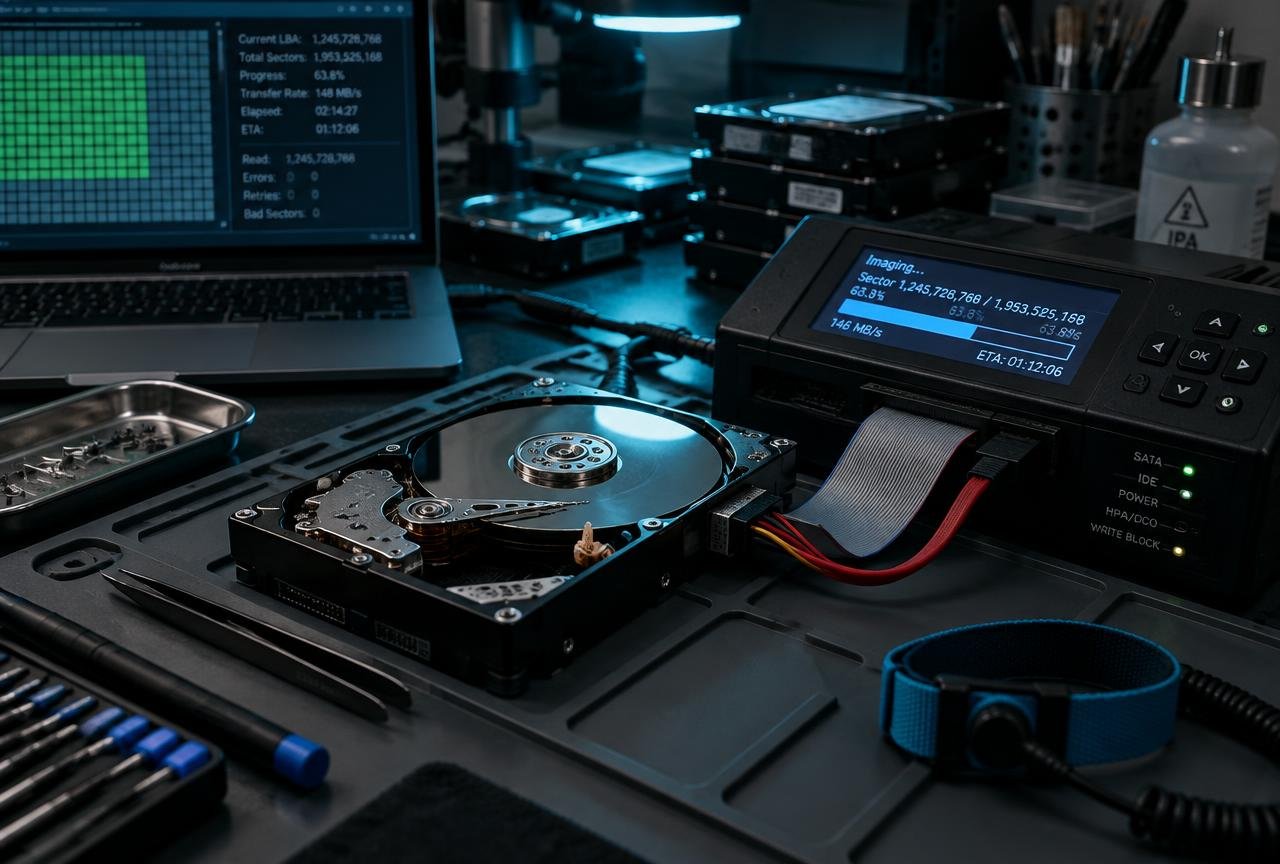 Hard drive connected to a write-blocked forensic imaging unit on an anti-static bench, sector progress shown on a laptop