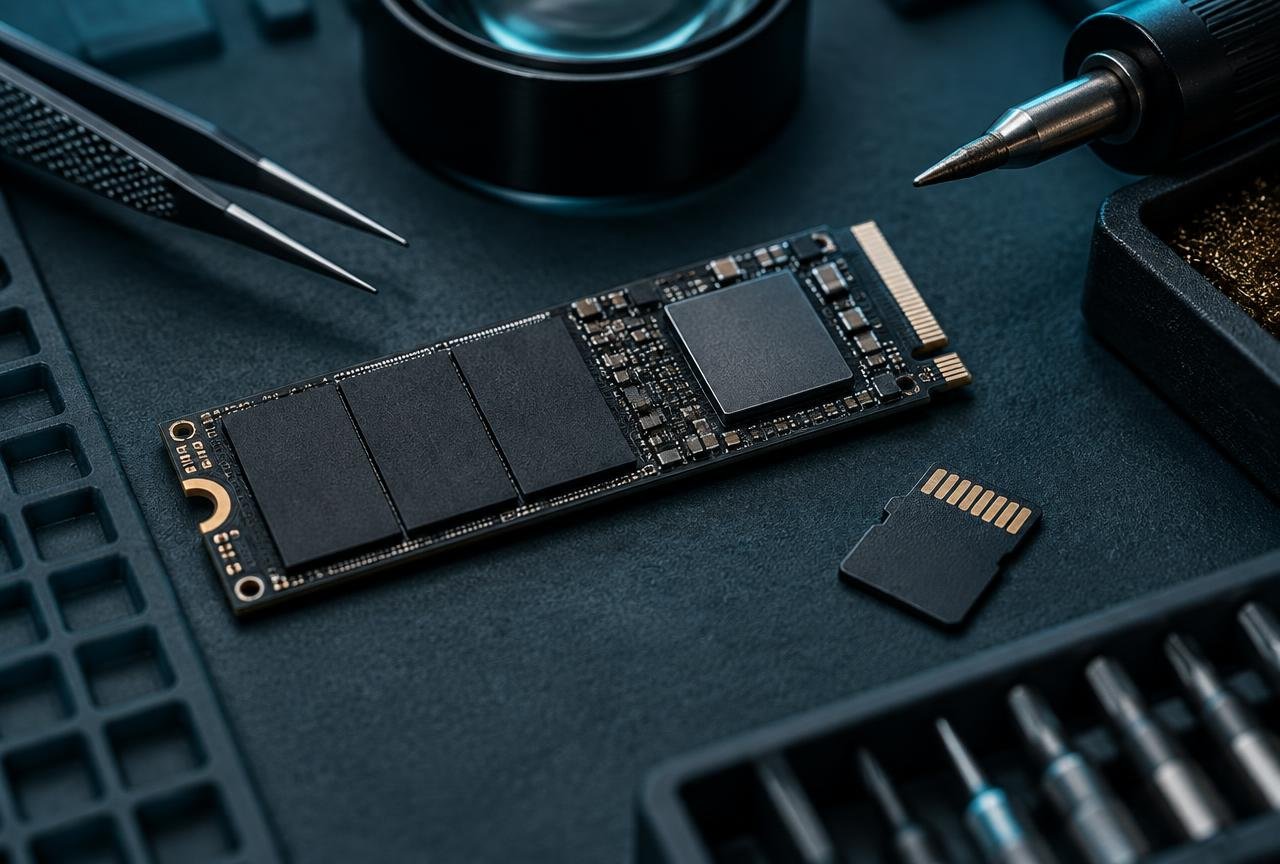 M.2 NVMe solid state drive and a microSD card on a bench mat beside precision tweezers and a soldering iron